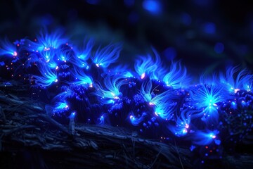Glowing blue caterpillars with vibrant, hair-like projections illuminate a dark surface, creating a striking and surreal natural spectacle.