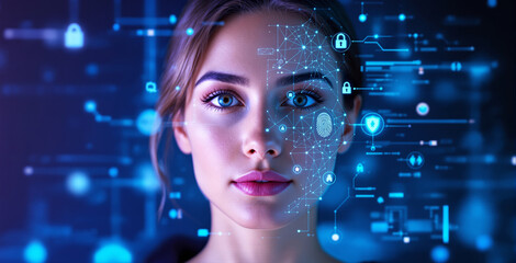 Woman's face with biometric digital interface, futuristic tech background, cyber security concept, glowing blue elements, innovation and AI generative