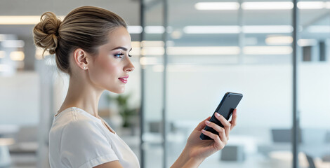 Fototapeta premium Confident woman using smartphone in office setting with modern glass background. She appears focused, engaging with technology. Ai generative