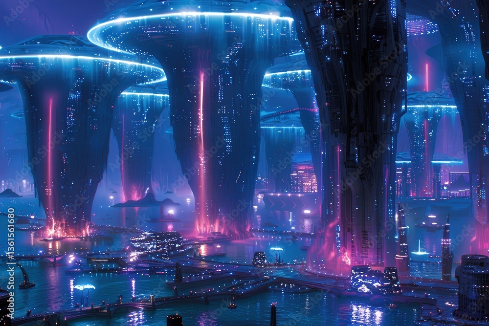 Poster a futuristic cityscape features luminescent structures and vibrant colors, creating a surreal atmosp