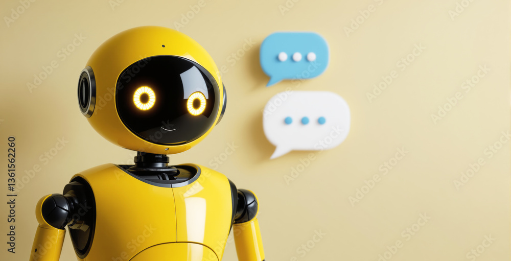 Poster friendly yellow ai robot with glowing eyes, standing in front of speech bubbles on a beige backgroun
