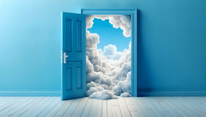 Door A vivid blue door with a narrow opening, revealing a world of fluffy clouds beyond