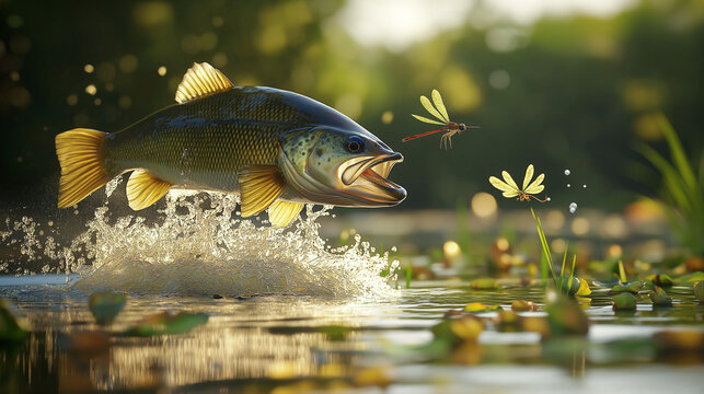 AI generator image of largemouth bass jumping out of the water for a dragonfly, hyper realistic, sunlight