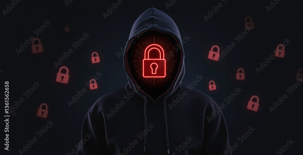 Poster mysterious hooded figure with a glowing red lock on face, symbolizing cybersecurity and data protect