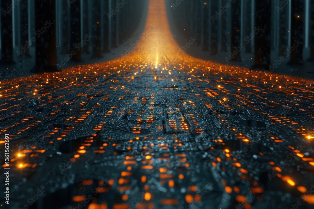 Poster a futuristic pathway illuminated by glowing elements, surrounded by dark, abstract structures, creat
