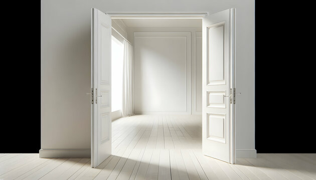 Door A wide shot showing the third stage of a white door halfway open, revealing a broader view of the sp3