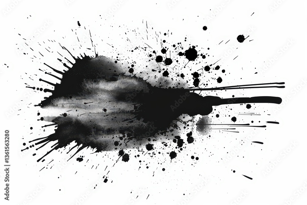 Poster an abstract black ink splash with dynamic splatters and streaks, creating a sense of movement and en