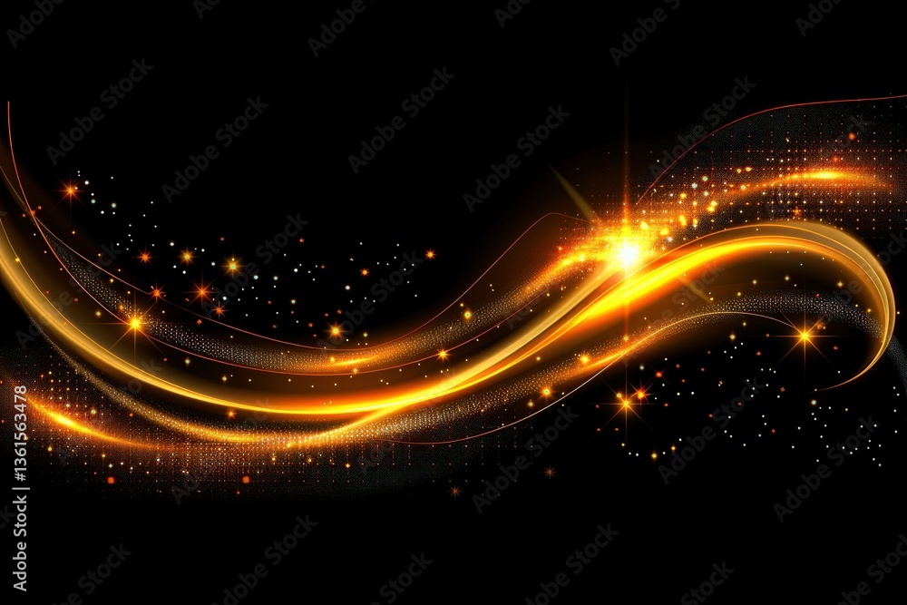 Poster a vibrant swirl of golden light and sparkling stars against a dark background, creating a dynamic an