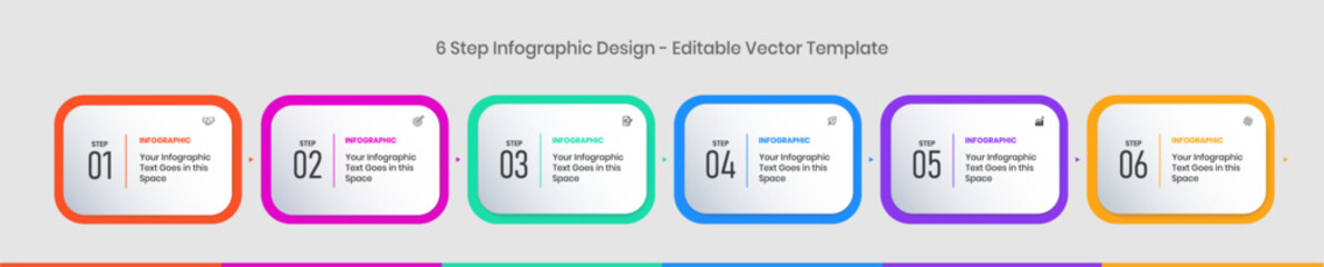Six Steps Infographics Design Template - Graph, Pie chart, workflow layout, vertical rectangular box diagram, brochure, report, presentation, web design graphic elements editable vector illustration