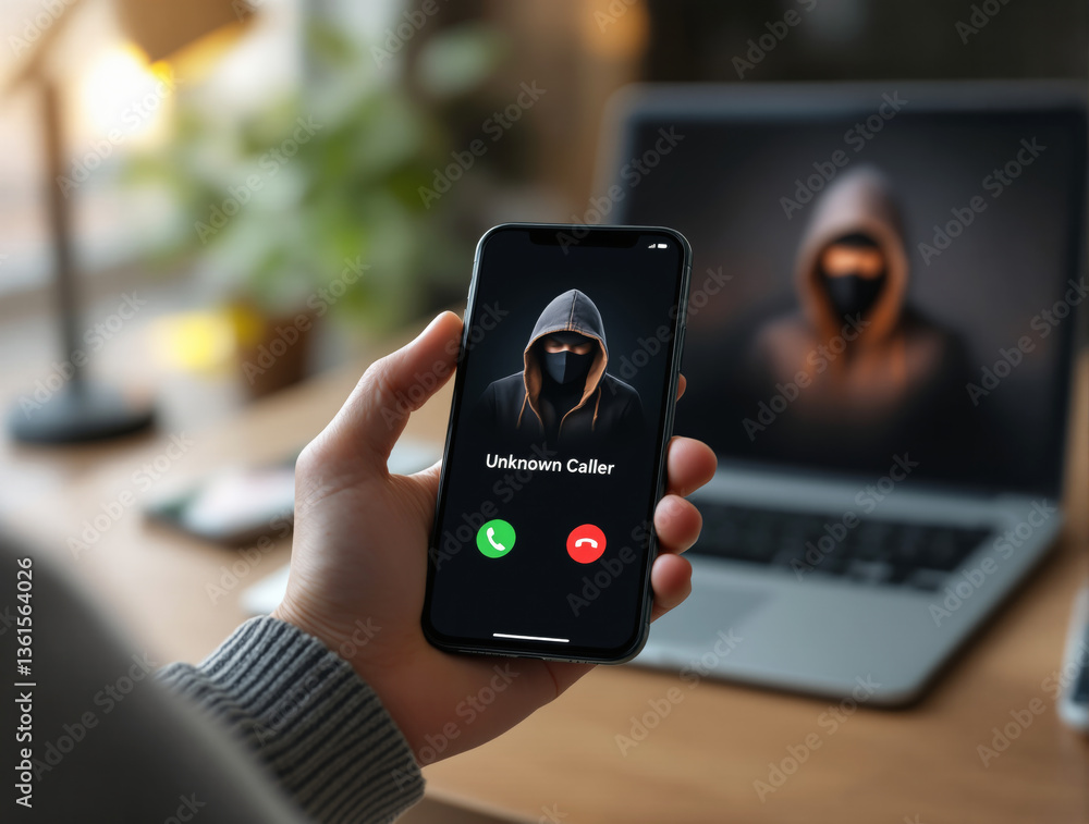 Aufkleber person holding smartphone displaying unknown caller with hooded figure, laptop in background showing