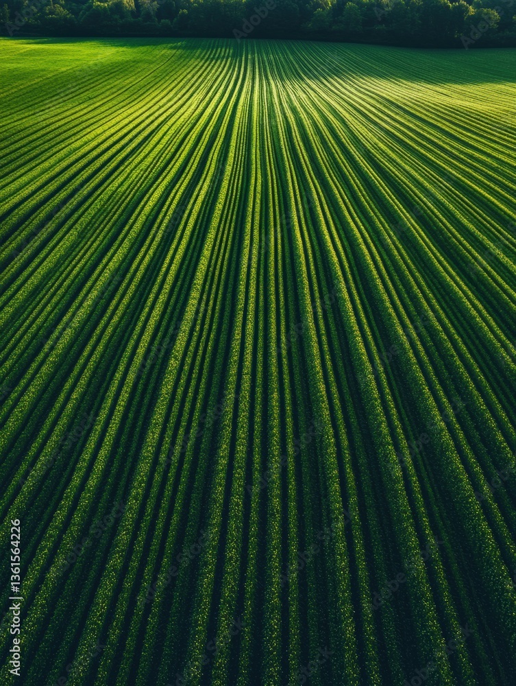 Aufkleber Perfectly aligned green crop rows stretch across the landscape under soft lighting in a minimalist aerial view during golden hour Generative AI