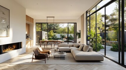 Modern open-plan living area with backyard view, ideal for showcasing a home