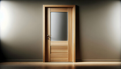 Door A medium brown door with a glass panel on the right side, positioned to allow light into a room whil2