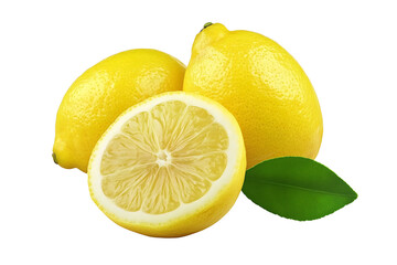 Fresh Lemons with Slice and Green Leaves on transparent background , png , cutout Vibrant Yellow Citrus Fruit