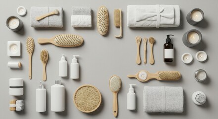 Spa essentials arranged in a neutral aesthetic.