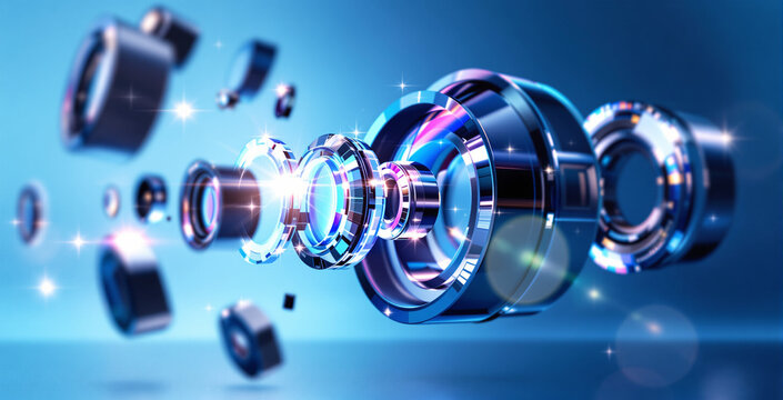 High-tech exploded camera lens with glowing elements, reflecting light on a blue background. Concept of advanced optics and futuristic technology. Ai generative