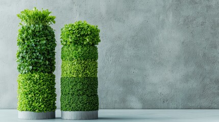 A visually striking image that captures the essence of sustainable farming through vertical agriculture, featuring towers of fresh produce against a clean, organized backdrop. The composition allows