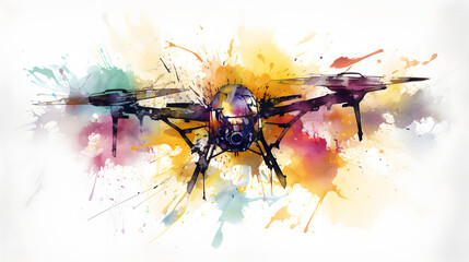 Naklejka premium Flying Drone cyberpunk colorful watercolor painting