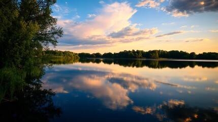 Fototapeta premium Scenic Serenity, Reflections of Sky and Clouds on a Tranquil Lake