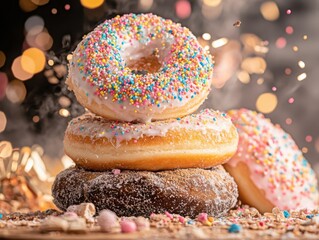Glazed doughnuts with vibrant icing and colorful sprinkles