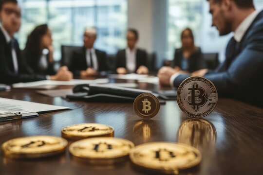Business professionals discussing cryptocurrency with bitcoins displayed on the table during a meeting, bitcoins over diverse business people at meeting