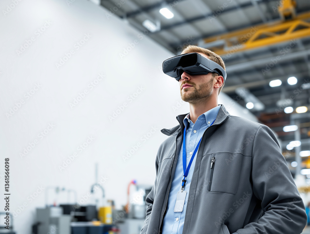 Poster engineer wearing vr headset in a modern industrial environment. the background features a factory wi