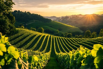 Fototapeta premium Vineyard rows at sunrise, hills, valley. Scenic landscape. Stock photo
