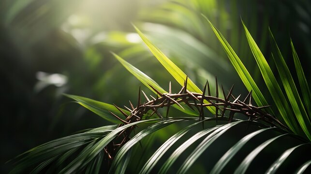 Palm leaves intertwined with a crown of thorns in a sunlit natural setting - Powered by Adobe