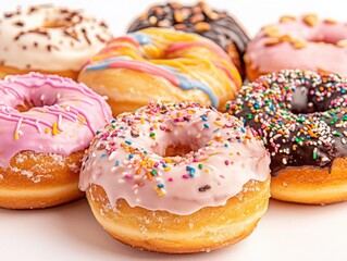 Glazed doughnuts with vibrant icing and colorful sprinkles