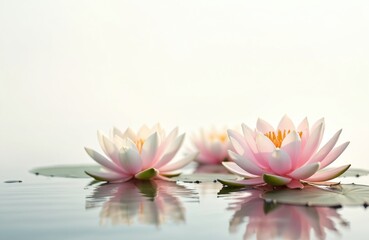 Serene view of water lilies floating on water surface. Pink flowers with green leaves on pond. Calmness, tranquility, nature beauty. Flowers reflect in water. Minimalist design, pastel tones,