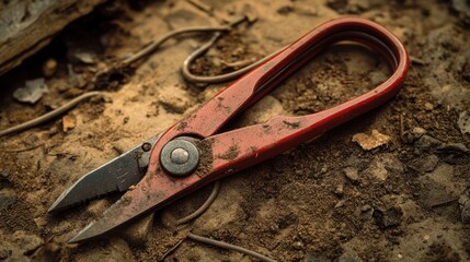 Red shears on debris-strewn ground.  Possible use Stock photo for tools, repair, construction, or abandoned/forgotten items