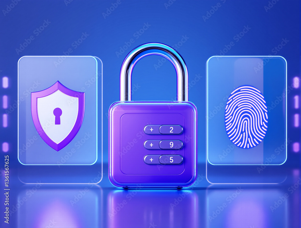 Poster digital padlock with a fingerprint scanner and shield icon on a futuristic blue background. concept 