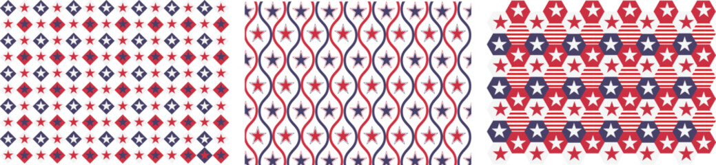 Fototapeta premium Independence day of America festive seamless pattern. Creative abstract geometric shape background for 4th July trendy design with colorful shapes. Simple and playful print set.