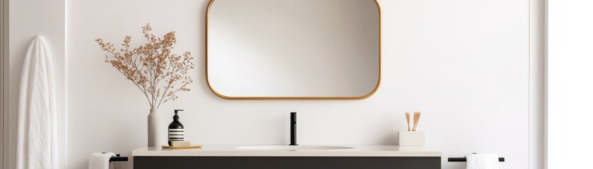 Sleek brass-framed mirror above a floating vanity, neutral tones, and matte black fixtures