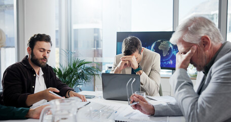 Business, finance and people with stress in meeting for stock market crash, global trade fail or...