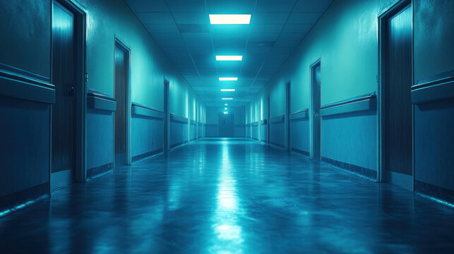 A night shot of a hospital hallway, flickering fluorescent lights, cinematic horror effect