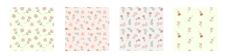 Set of vector seamless patterns with delicate flowers. Summer tender wallpapers collection. Repeat textures for textile or wrapping paper with tender plants. Botanical floral ornaments.