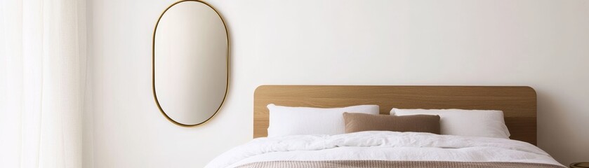Scandinavian-style bedroom with an oval brass mirror, wooden textures, and soft natural light