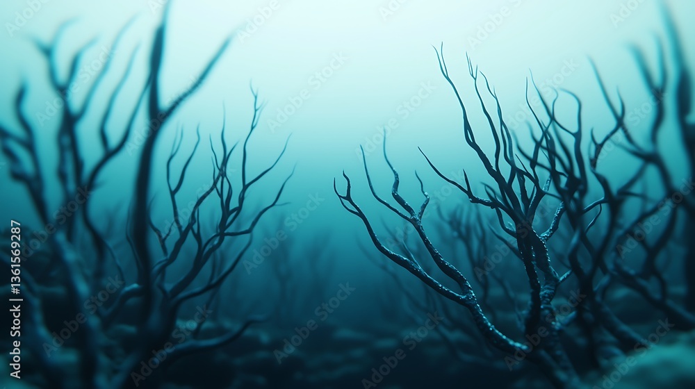 Poster an ethereal underwater scene featuring dark, branching structures, creating a mystical ambiance in a