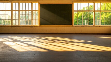 Sunlight streaming through large windows onto an empty classroom with a chalkboard