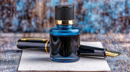 Obraz premium Vintage Ink Bottle with Classic Fountain Pen in Dark Mood Setting