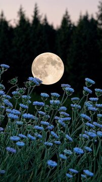 Low-angle shot of a full moon rising above a field of wildflowers, framed by trees, creating a serene, nature-inspired video scene. Live mobile wallpaper.