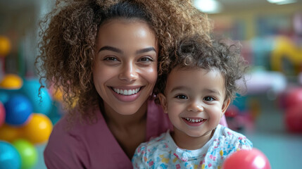 Fototapeta premium A pediatric nurse playing with a child patient, bright and colorful hospital environment