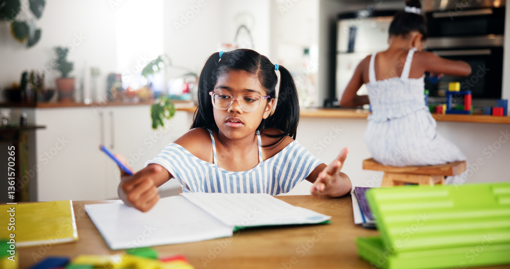 Poster education, writing and kid with homework in house for learning, studying or development. knowledge, 