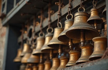 Close-up carillon bells in Goshiv Monastery in Dolyna, Ukraine. Greek Catholic Monastery of Order of St. Basil Great. Traditional religious architecture, musical instrument, orthodox church.