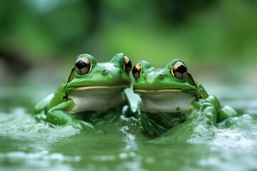 Green frogs rest in muddy water surrounded by lush greenery in a tranquil natural setting, green frogs sit in green mud