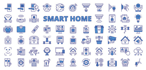 Smart home icons in line design blue. Smart home, automation, IoT, security, control, technology, AI on white background vector. Smart home editable stroke icons