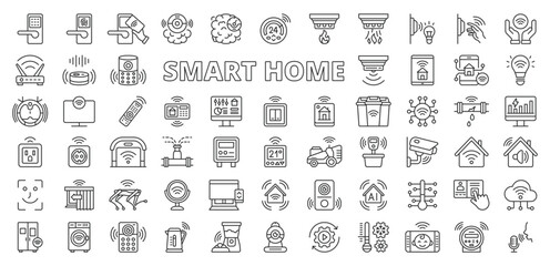Smart home icons in line design. Smart home, automation, IoT, security, control, technology, AI on white background vector. Smart home editable stroke icons