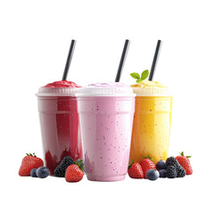 Three smoothies in clear plastic cups with white lids and black straws on transparent background