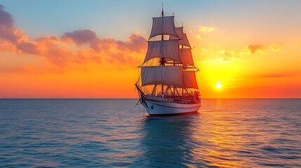 Obraz premium Sailing Ship on Open Water at Sunset with Glowing Sky